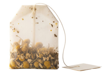 Single mesh herbal tea bag with dried chamomile flowers and string isolated with transparent background