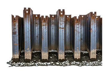Rusty metal sheet piling retaining wall section with rocky base isolated with transparent background