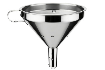 Stainless steel kitchen funnel with side handle and detachable filter isolated with transparent background