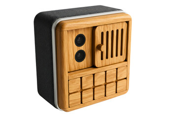 Modern smart home intercom device with wooden housing and cameras isolated with transparent background