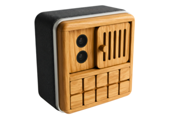 Modern smart home intercom device with wooden housing and cameras isolated with transparent background