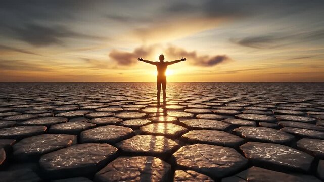 Man Embracing Sunset on Hexagonal Rock Formation Inspiring Freedom and Achievement