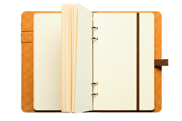 Open ring binder notebook with cork cover and blank cream pages isolated with transparent background
