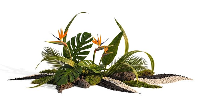 Tropical arrangement featuring bird of paradise flowers monstera leaves and river stones