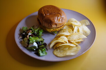 Cheeseburger with potato chips and green salad on yellow background
