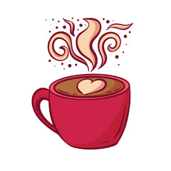 A coffee cup with a heart on it sits on a white plate. The cup is filled with cappucino , and heart pink. Concept of warmth and comfort, as the heart symbolizes love. Valentines day drink