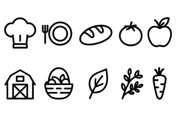 Cooking and farming outline icon set. Culinary and agriculture symbols collection