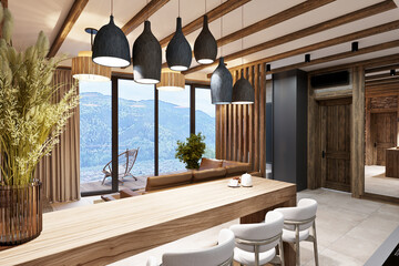 Living room with stone in an ethnic style interior in a mountainous area