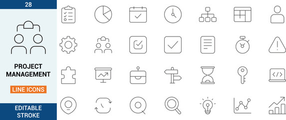 Project management line icons set with editable stroke, modern outline symbols for planning, teamwork, analytics, tasks, workflow, business dashboard, UI UX, web and app design.
