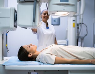 Obraz premium Cute young girl on the examination of the breast using the mammography x ray machine