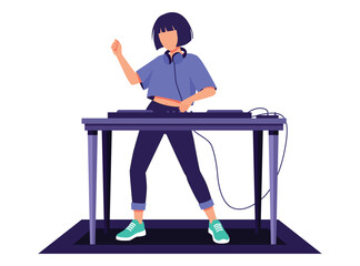 female DJ with short bob hair headphones works the mixing board raising one hand in a dynamic pose