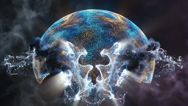 Abstract colorful glowing particles forming a spherical shape against a dark background