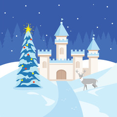 Winter landscape with a Christmas tree and a castle. Vector illustration.