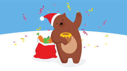 Cute brown bear in Santa Claus hat with a bag of food. Vector illustration.