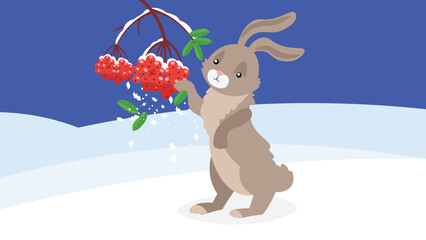 rabbit with rowan berry in the winter. vector illustration