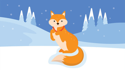 Cute fox on the snow in the winter forest. Vector illustration