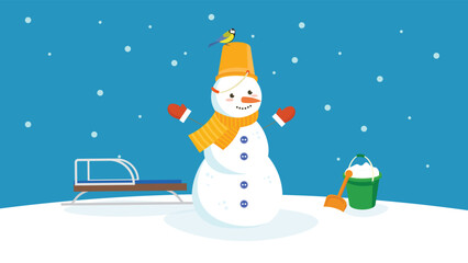 snowman with snow bucket and bird vector illustration, merry christmas