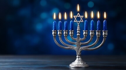 Fototapeta premium Hanukkah menorah hanukkah silver menorah with lit candle