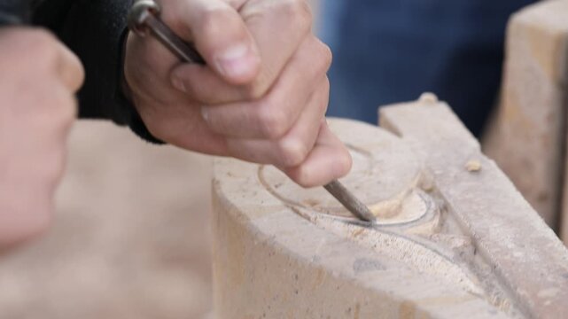 Close up of artisan hands carving stone with chisel and hammer. Skilled sculptor creating detailed architectural ornament. Traditional manual craftsmanship process in a workshop setting.

