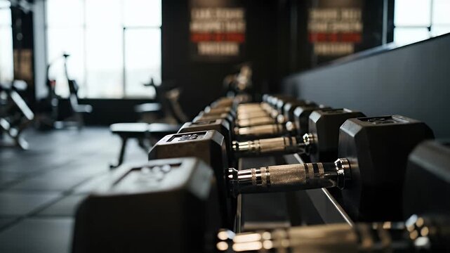 Row of Dumbbells Lined Up on Rack in Modern Gym for Weight Training Workout