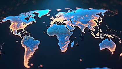 Digital glowing world map shows global data network lines. Futuristic continents with bright light points depict international connections and information flow.