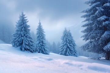 Winter landscape: a single towering pine tree surrounded by a snow covered forest