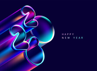 Happy New Year 2026. Greeting card design with 3D color numbers in liquid glass style . Holiday colorful numbering design.