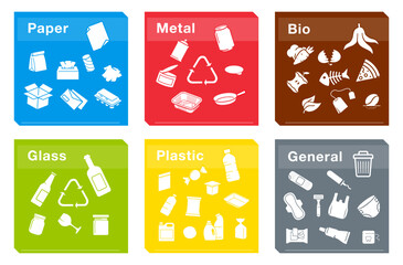 Ready sets of icons for separating trash. Vector elements are made with high contrast, well suited to different scales and on different media. Ready for use in your design. EPS10.