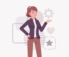 Attractive active beautiful girl young adult woman, speaker pose. Female model, ponytail hairstyle, activewear jacket, suit pants, vector flat style cartoon illustration, modern creative background