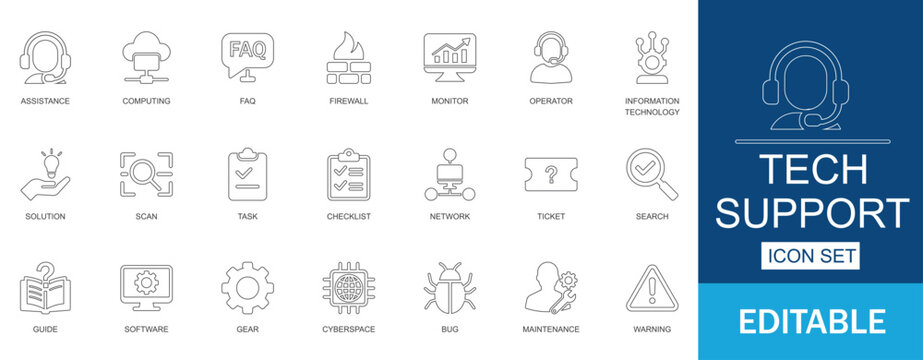 Tech Support line Icon Set. Features icons of technical, service, technology, headset, cloud, support, and help. Perfect for IT helpdesks and apps. - Powered by Adobe