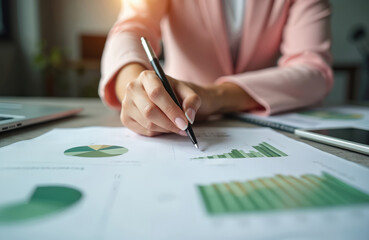 Woman analyzes financial charts at desk using pen and laptop. Person reviews business graphs and reports. Female manager plans strategy for company growth. Professional works in modern office space.