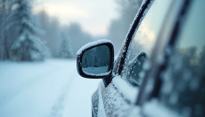 Car side mirror coated in snow reflects frosted trees in winter forest. Vehicle travels on snowy road during cold season. Closeup detail shot of automotive transport.