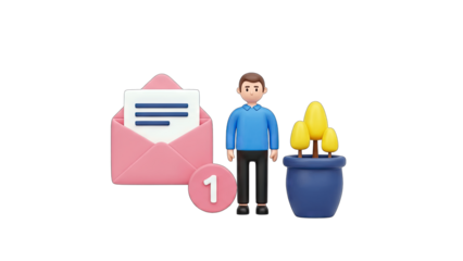 3D Man with Email Notification and Plant - Digital Communication