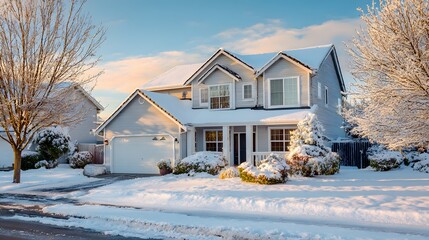 Beautiful suburban house covered in fresh snow during a serene winter morning