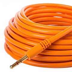 Bright orange audio cable, coiled, with gold-tipped connector