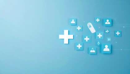 Obraz premium Health Icons: Conceptual representation of health, medicine, and care, represented by a plus sign, person icon, and a medicine capsule, on a pastel blue background.