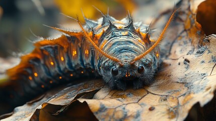 A close-up shot showcases a caterpillar, specifically a hickory tussock moth larva, seemingly munching on something. Its fuzzy body and distinctive markings are highlighted in detail, nature concept.