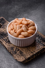 Canned white beans, prepared as an ingredient for a classic English breakfast. Canned beans