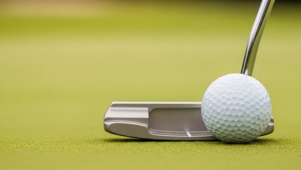 Golf club and ball on green course