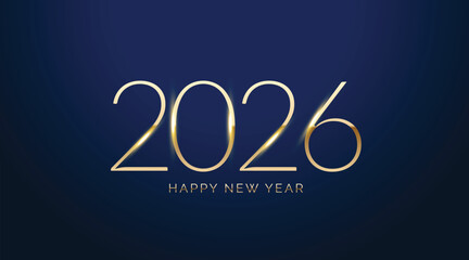 Happy new year 2026 golden thin letters banner on blue background, new year christmas holidays typography copy