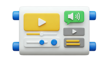 3D Media Player Interface with Play, Volume, and Settings Icons