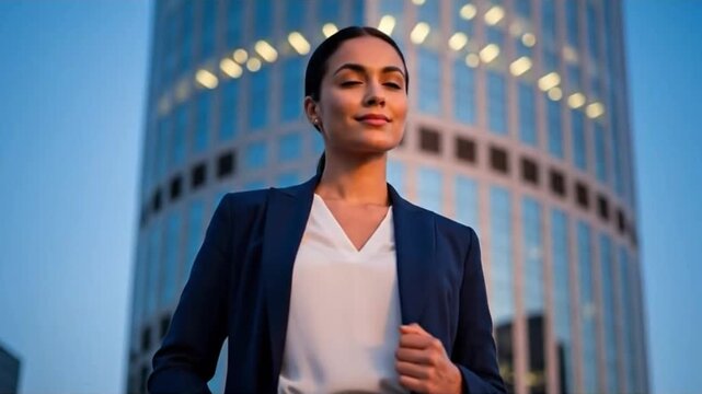 A woman in a business suit stands before a tall building, representing ambition, success, professional achievement, and a modern urban environment