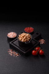 Canned white beans, prepared as an ingredient for a classic English breakfast. Canned beans