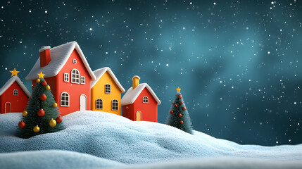 Colorful houses in a snowy winter village with Christmas trees, ideal for Christmas greeting cards, holiday banner.