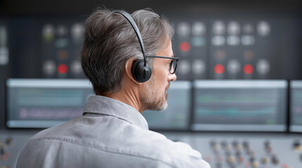 Faceless engineering person in control room monitoring live data from high-voltage power lines, large digital screens showing energy flow and metrics, wearing headset for communica