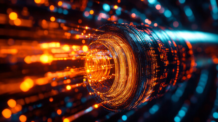 Stunning close-up view of a vibrant energy flow in a futuristic digital environment at night