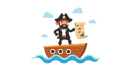 Obraz premium Friendly cartoon pirate with a beard, eyepatch, and captain's hat standing on a small boat at sea while holding a treasure map.