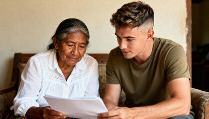 A supportive young man assists an elderly woman with paperwork. Grandson helping his grandmother understand a document at home
