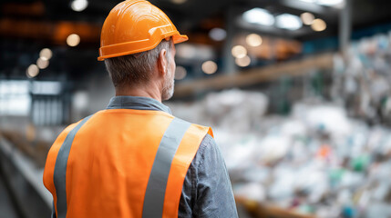Faceless worker at plastic recycling plant wearing safety vest and hardhat, waste management facility employee, circular economy professional, environmental industry worker, defocu