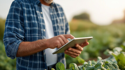 Faceless young farmer standing in field with tablet examining vegetables farm, agricultural technology integration, crop monitoring digital tools, modern farming methods, defocused